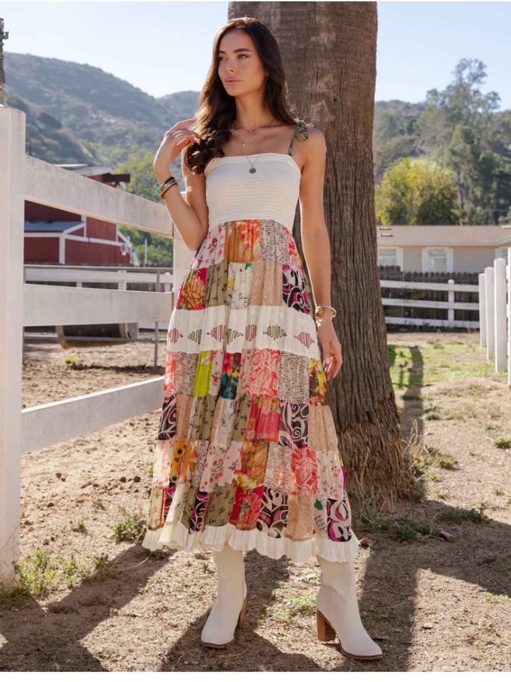 K159 Young Threads Sz S Smocked Bodice Patchwork Maxi Dress Pockets Lined NWT